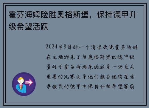 霍芬海姆险胜奥格斯堡，保持德甲升级希望活跃