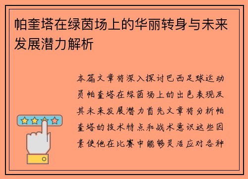 帕奎塔在绿茵场上的华丽转身与未来发展潜力解析